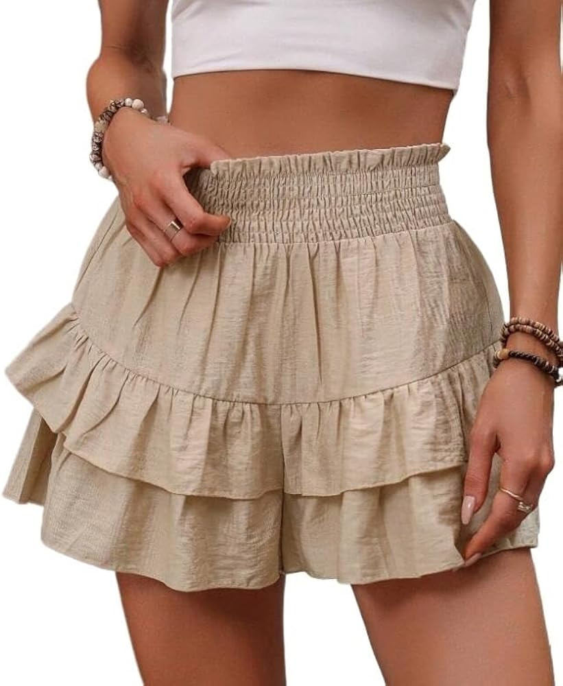 Vogueria Boho Ruffle Skorts, Women's Frill Trim Ruffle Hem Shirred High Waist Shorts | Amazon (US)