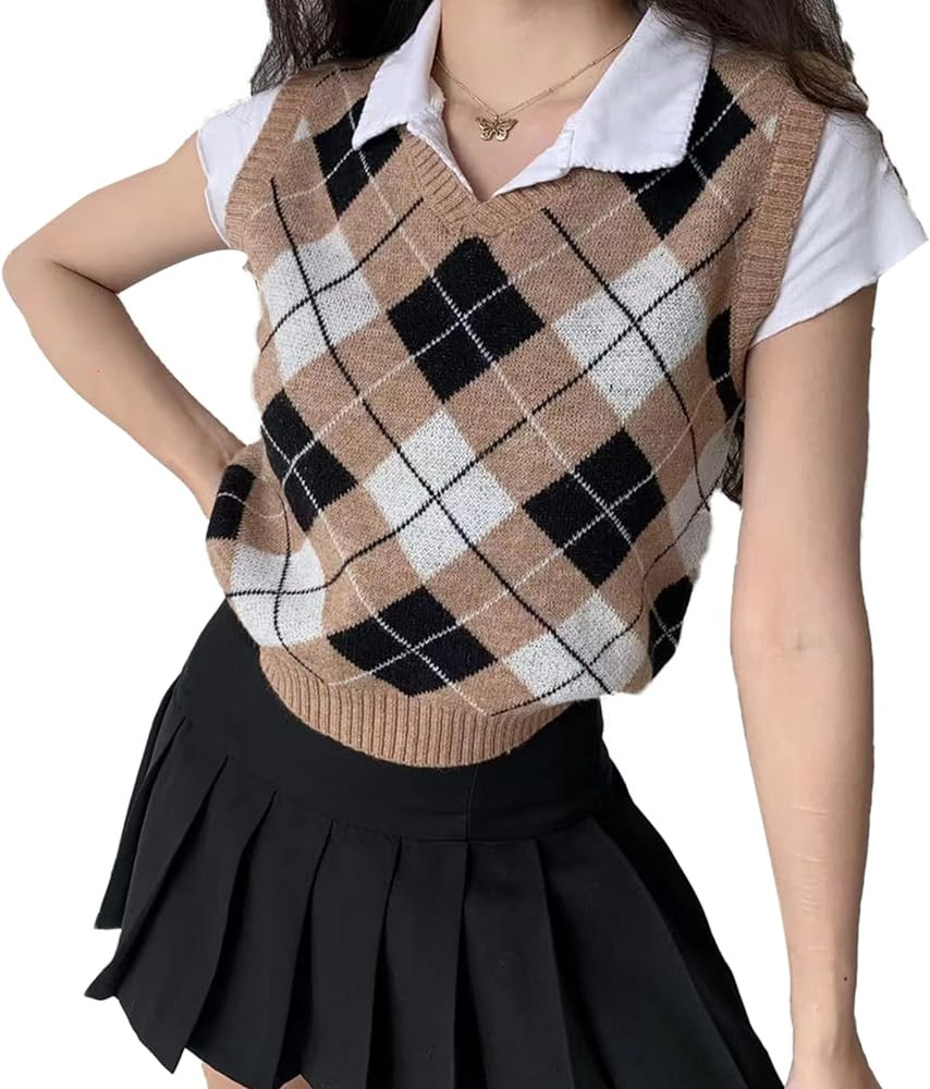 Hyipels Argyle Sweater Vest Women Y2K Plaid Knitted Streetwear Preppy Style V Neck Crop Knitwear ... | Amazon (US)