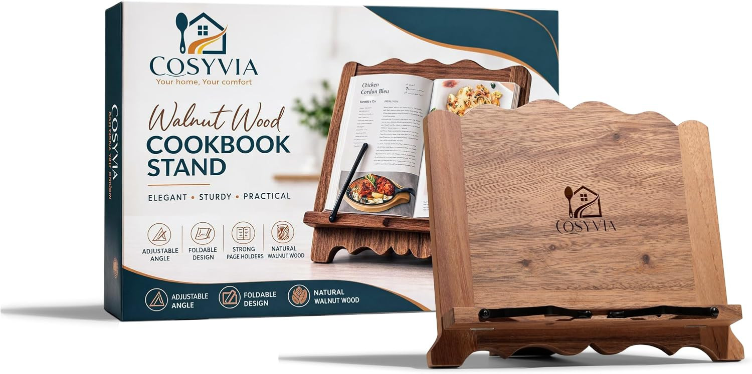 Cookbook Stand for Kitchen & Room Decor Aesthetic - Brown Wood Walnut Decor - (13"x10.4"x0.47"Inch) - Adjustable 5 Levels - Foldable Easy Storage - Book & Tablet Holder - Vintage Kitchen Accessories | Amazon (US)