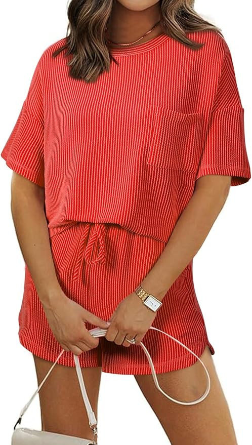SHEWIN 2 Piece Sets for Women Summer Short Sleeve Shirts High Waisted Shorts with Pockets Lounge ... | Amazon (US)