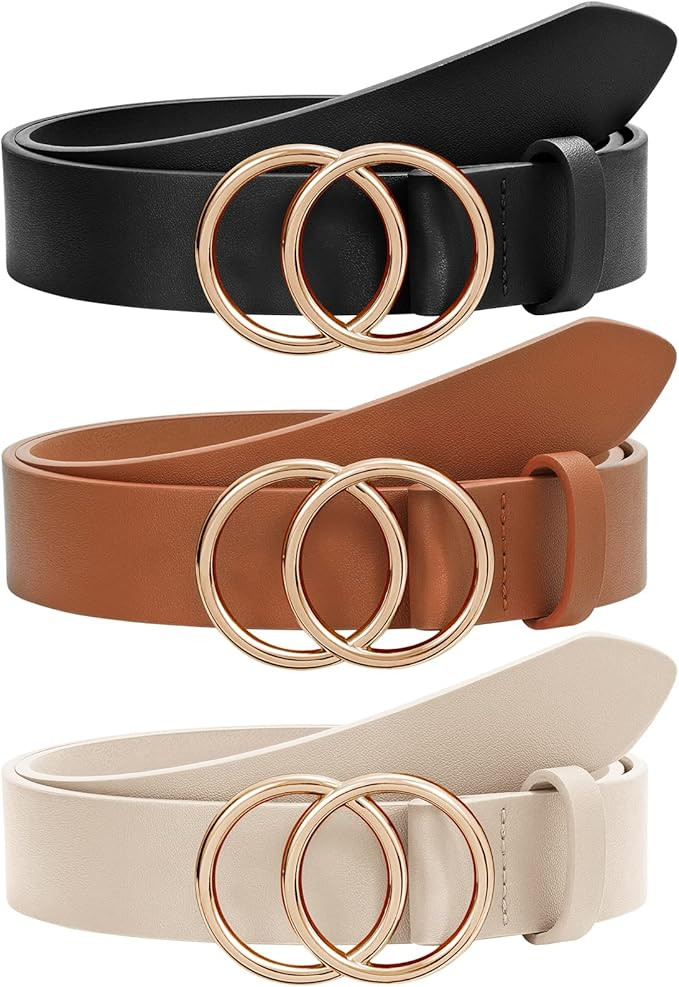 2 Pack Women Leather Belts Faux Leather Jeans Belt with Double O-Ring Buckle Size up to 53 inch | Amazon (US)