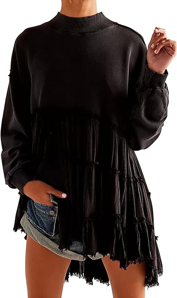 Lauweion Women's Flowy Oversized Sweatshirt Mini Dress Long Sleeve Ruffle Hem Patchwork Pleated M... | Amazon (US)
