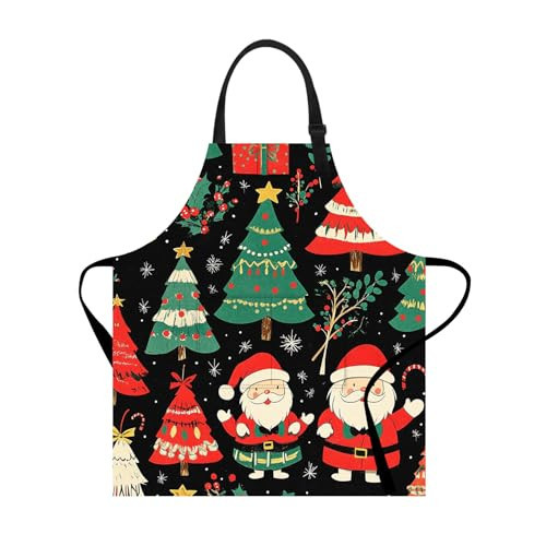 Christmas Santa Claus & Tree Themed Kitchen Apron for Adults – Unisex Holiday Cooking Apron with Santa, Christmas Trees, Snowflakes & Gift Design – Festive Black Apron for Holiday Baking & Parties | Amazon (US)