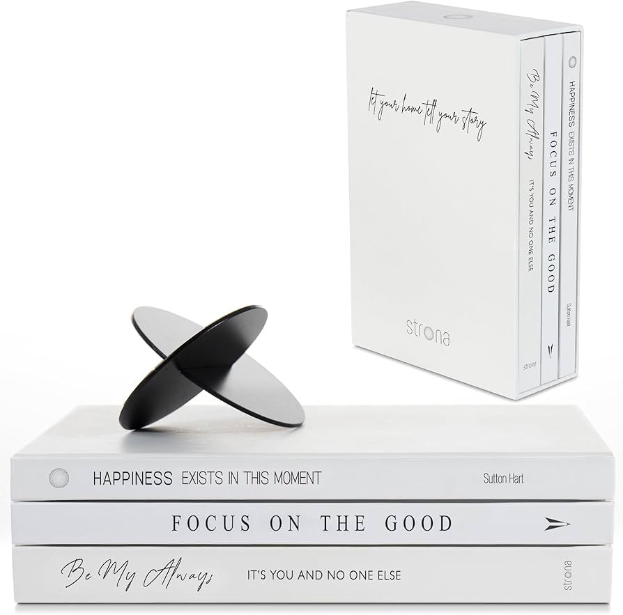 STRONA Book Decor Set - 3 Decorative Books for Home Decor with Black Metal Sculpture - White Book... | Amazon (US)