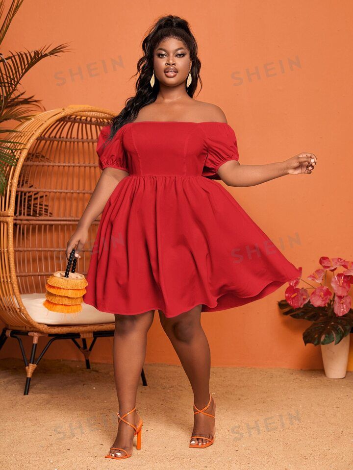 SHEIN Slayr Plus Off Shoulder Puff Sleeve Dress | SHEIN