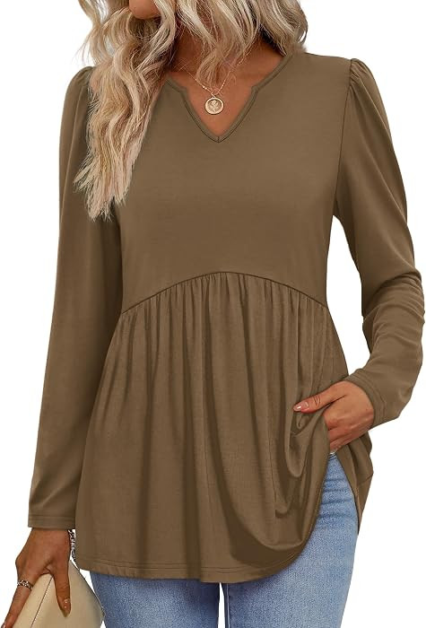 WIHOLL Womens Tops Long Sleeve Fall Shirts Babydoll Peplum Tops for Women V Neck Tunic Dressy Cas... | Amazon (US)