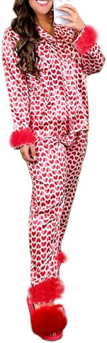 Yiulangde Satin Galentine's Day Pajamas for Women Button Down Love Heart Silk Pajama Set with Feathers PJ Pants Sleepwear Lounge Sets | Amazon (US)