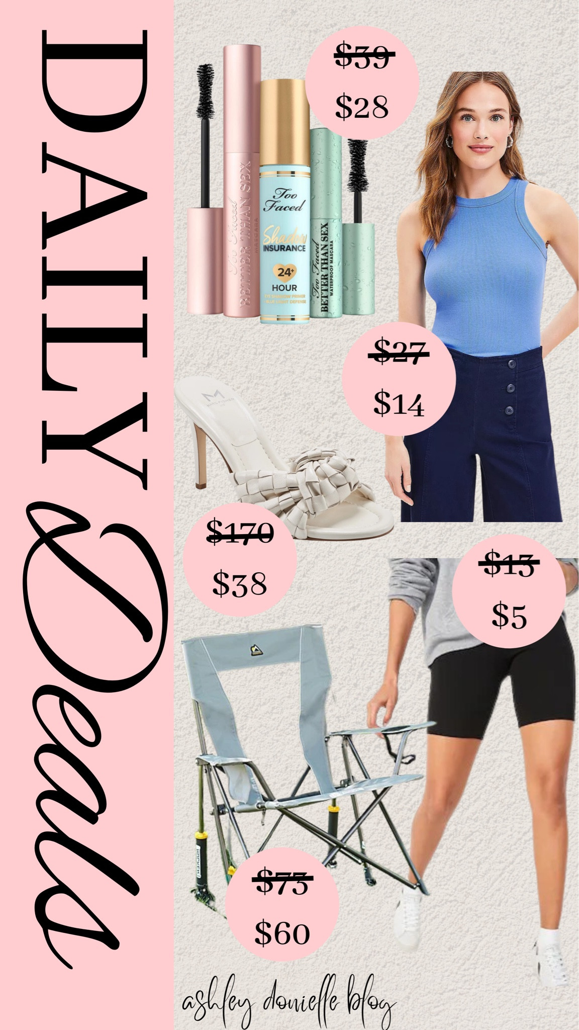 Daily deals!

Tank top, mascara, white heels, outdoor chair, biker shorts 

#LTKsalealert #LTKstyletip #LTKfit