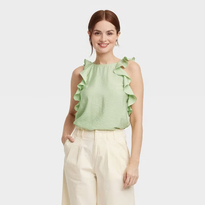 Women's Ruffle Tank Top - A New Day™ Green M: Lightweight Rayon Blend, Halter Neck, Sleeveless,... | Target