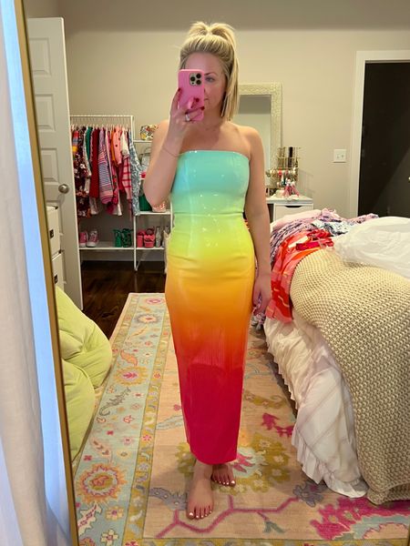 Malibu midi dress / rainbow midi dress / rainbow sequin dress / rainbow ombré dress
Size: XS 

#LTKwedding #LTKSeasonal #LTKparties
