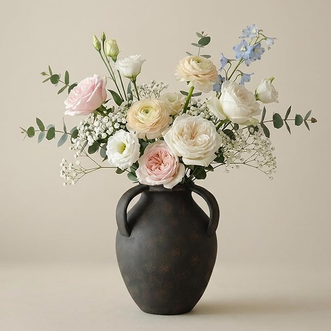 Ceramic Flower Vase, Three-Handle Rustic Home Decor, Black,8.3" | Watertight Hand Textured Potter... | Amazon (US)