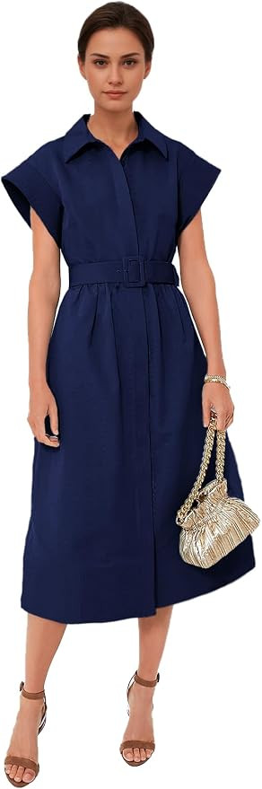 Women's Casual Button Shirt Dresses Short Sleeve Business Long Dresses Elegant Trench Coat with P... | Amazon (US)