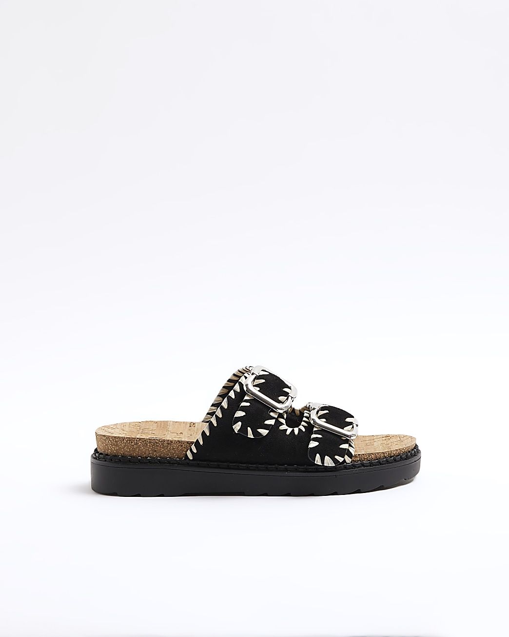 Black Stitched Double Buckle Sandals | River Island (UK & IE)