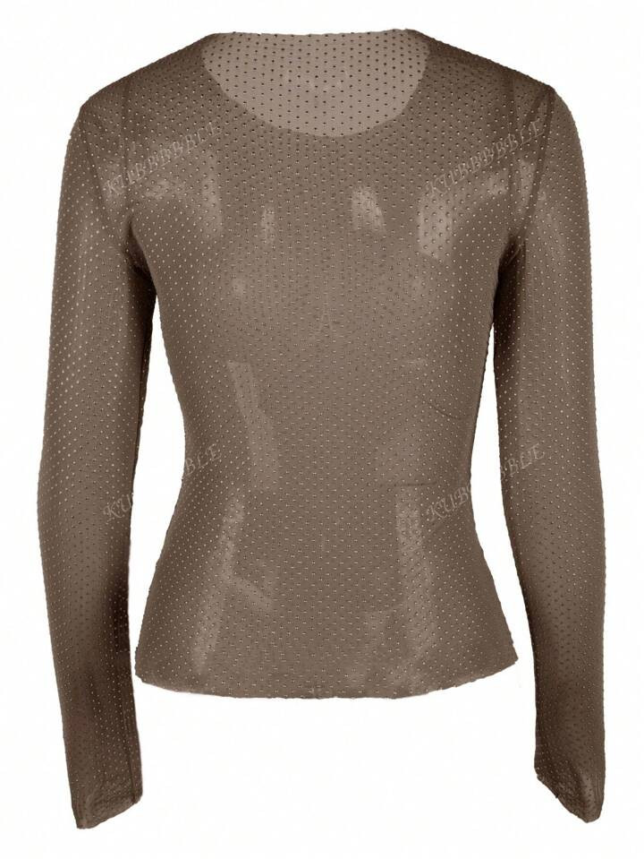Y2K Sparkling Beaded Crew Neck Long Sleeve Slim Fit Mesh T-Shirt Going Out Tops | SHEIN