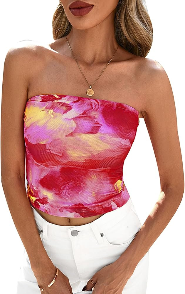 PRETTYGARDEN Women's Mesh Floral Strapless Bandeau Crop Top | Amazon (US)