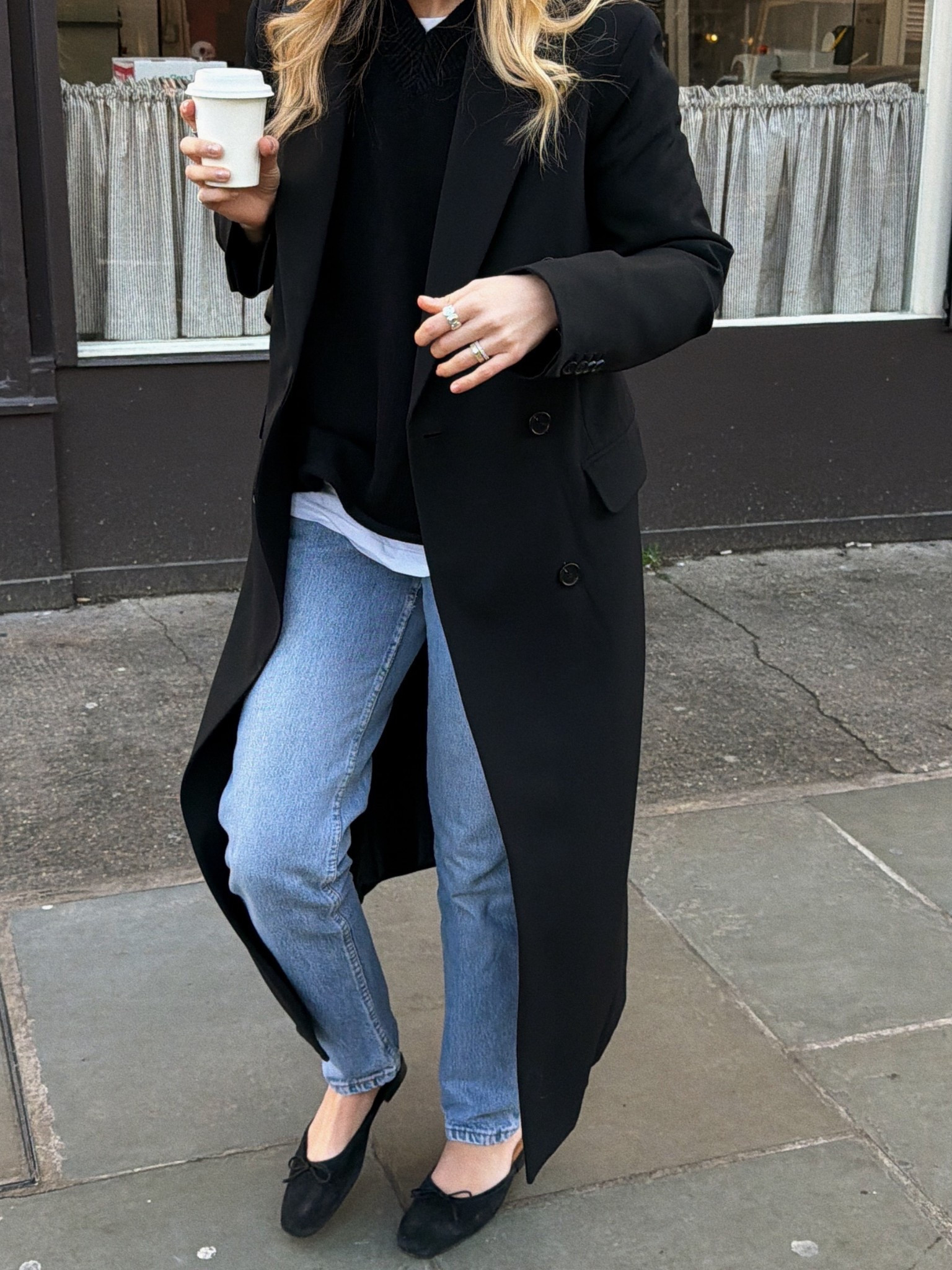 Slim blue jeans and black smart long coat 

#LTKuk #LTKwinter
