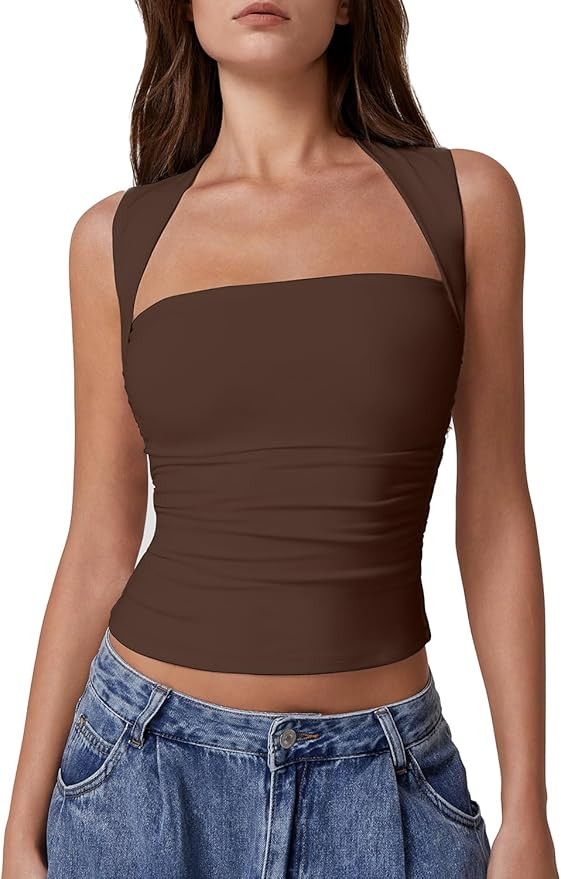 QINSEN Womens Square Neck Tank Tops Side Ruched Double Lined Slim Fit Summer Going Out Crop Top | Amazon (US)