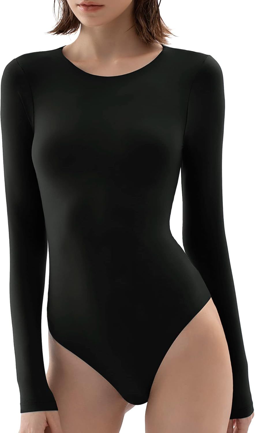 PUMIEY Women's Crew Neck Long Sleeve Bodysuit Second-skin Feel Tops Smoke Cloud Collection | Amazon (US)