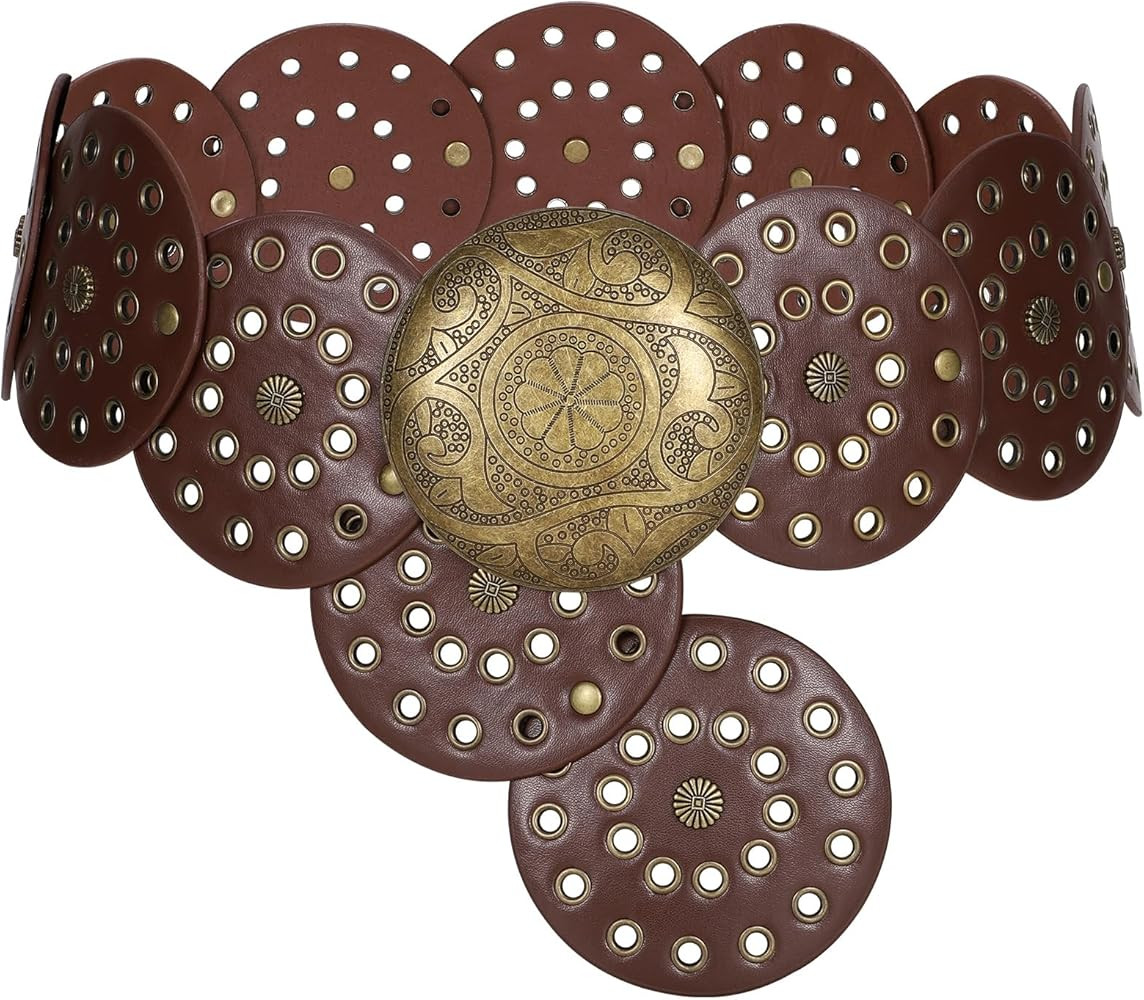 LEACOOLKEY Women Western Leather Belt Boho Dics Conch Waist Belt for Dress Jeans | Amazon (US)