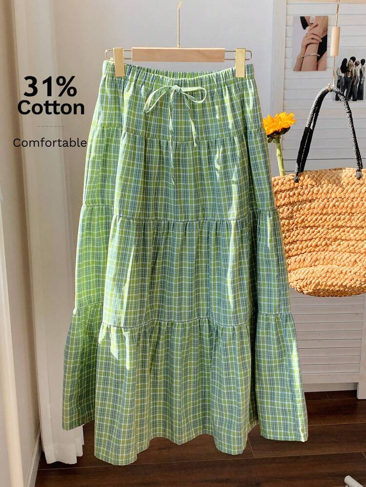 Comfortcana Women's Summer Green Casual Plaid Midi Layered Skirt | SHEIN
