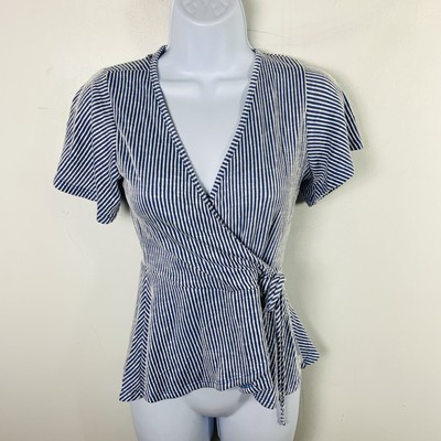 Caution To The Wind Womens Top Sz S Blue White Striped Short Sleeve Faux Wrap | eBay US