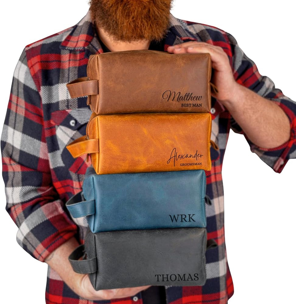 Personalized Leather Toiletry Bag for Men - Handmade Custom Engraved Dopp Kit, Gift for Dad, Husb... | Amazon (US)