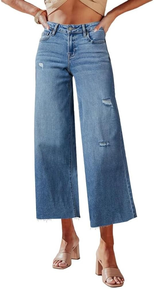 Allimy Women's High Waisted Straight Ankle Wide Leg Ripped Jeans Frayed Hem Stretchy Capri Denim ... | Amazon (US)