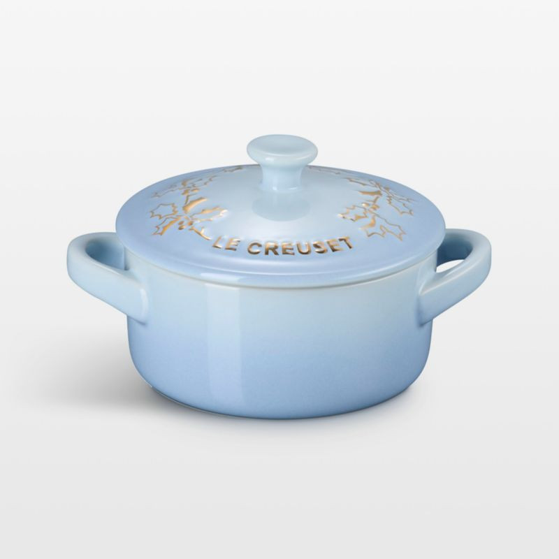 Le Creuset 8-oz. Coastal Blue Holly Stoneware Mini Round Cocotte with Gold Knob | Crate & Barrel | Crate & Barrel