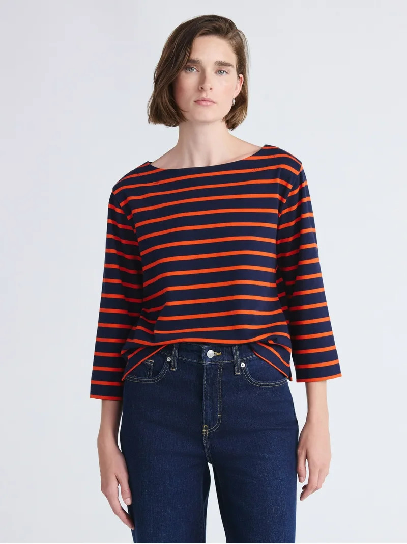Free Assembly Women's and Women's Plus Striped Cotton Boatneck Tee with 3/4-Length Sleeves, Sizes... | Walmart (US)