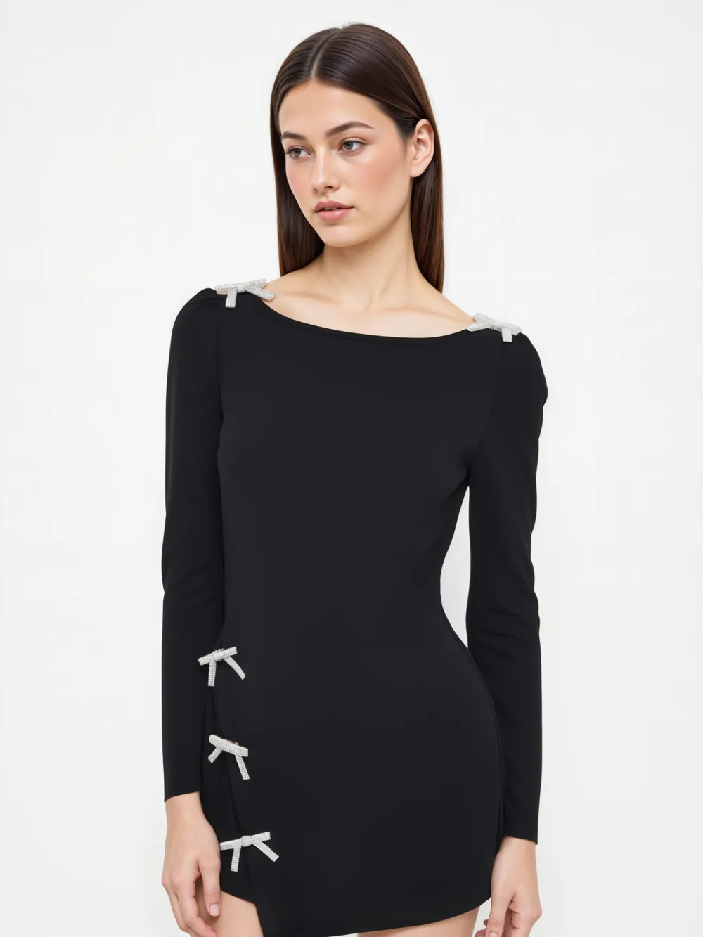 Knit Fabric Round Neckline Solid Bowknot Mini Dress For Date Party/Clubbing | Cider