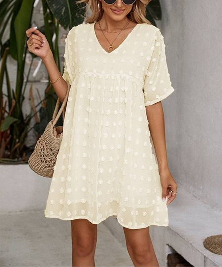 White Swiss Dot V-Neck Empire-Waist Dress - Women | Zulily