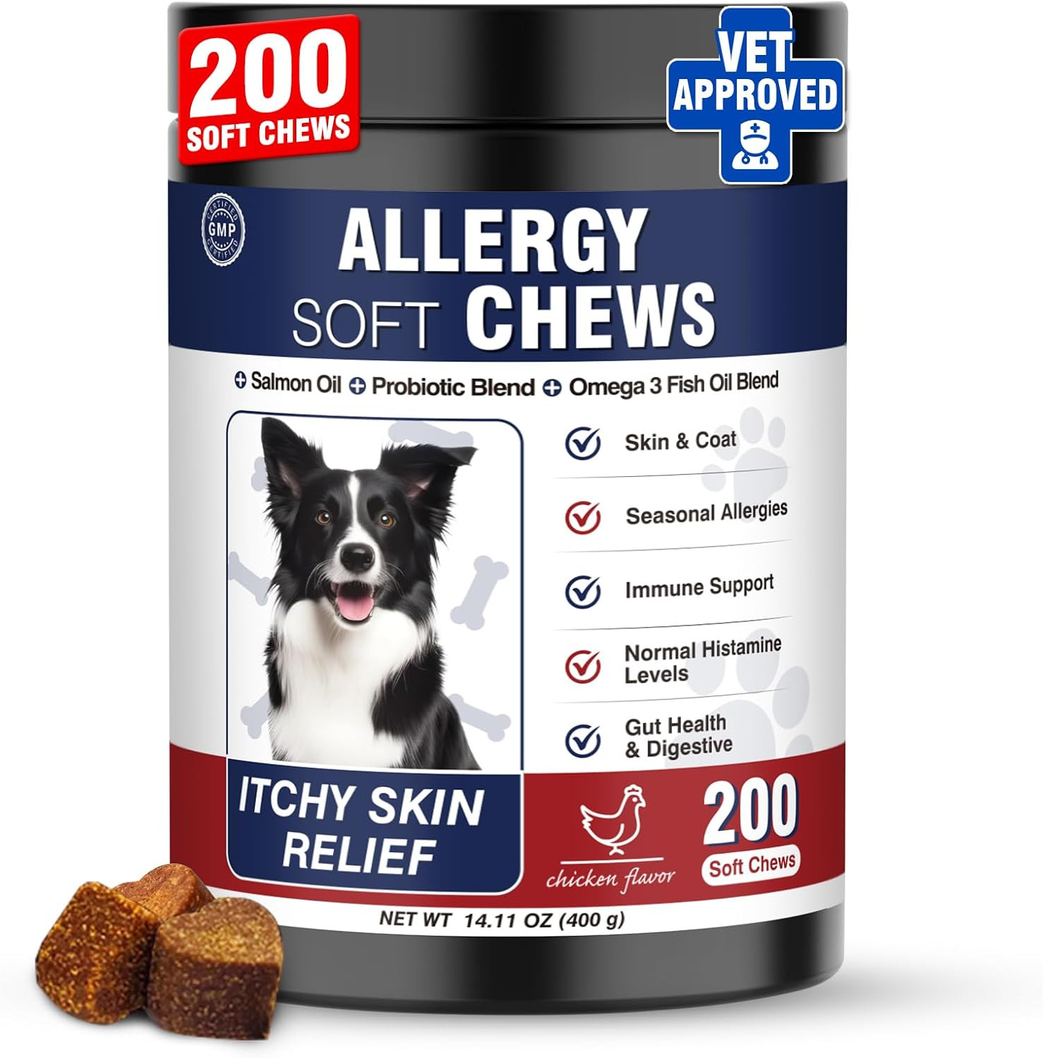 Dog Allergy Chews 200 Treats, Dog Allergy and Itching Skin Relief Bites Immune Support Dogs Probiotics for Yeast, Itchy Skin and Itchy Ears Anti Itch Licking Paws Treatment for Dogs Chicken Flavor | Amazon (US)