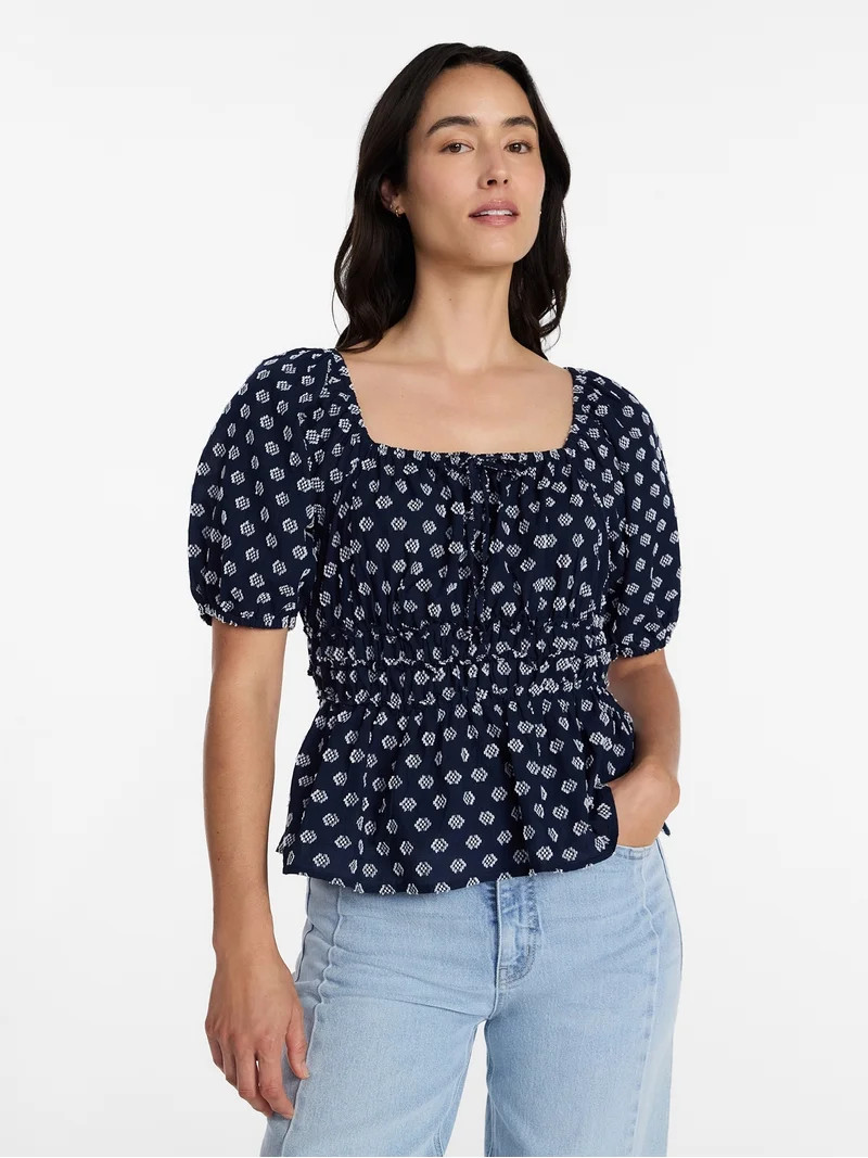 Time and Tru Women's Square Neck Top with Short Puff Sleeves, Sizes XS-XXXL | Walmart (US)