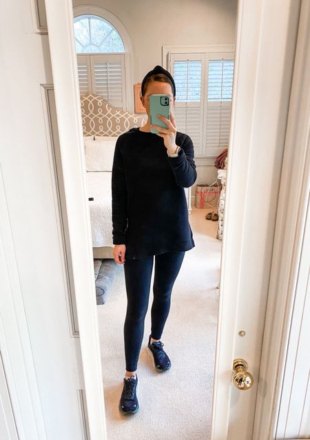 Everyday mom fit! Comfy cozy athleisure. Varley ribbed pullover. Super high waisted black leggings (best Lululemon align legging dupe). Knot headband. Hoka sneakers). 

#LTKfitness #LTKbump #LTKMostLoved