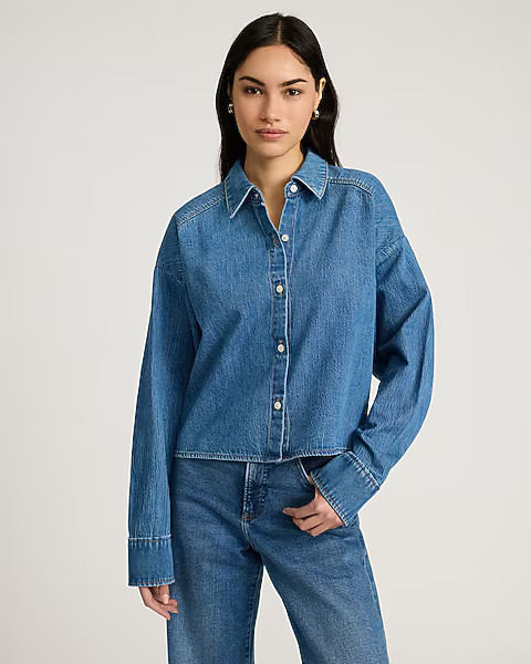 Medium Wash Denim Cropped Boyfriend Portofino Shirt | Express