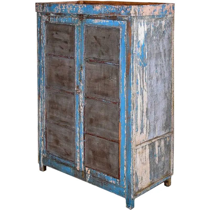 Ice Blue Vintage Cabinet With Mesh Panels | Chairish