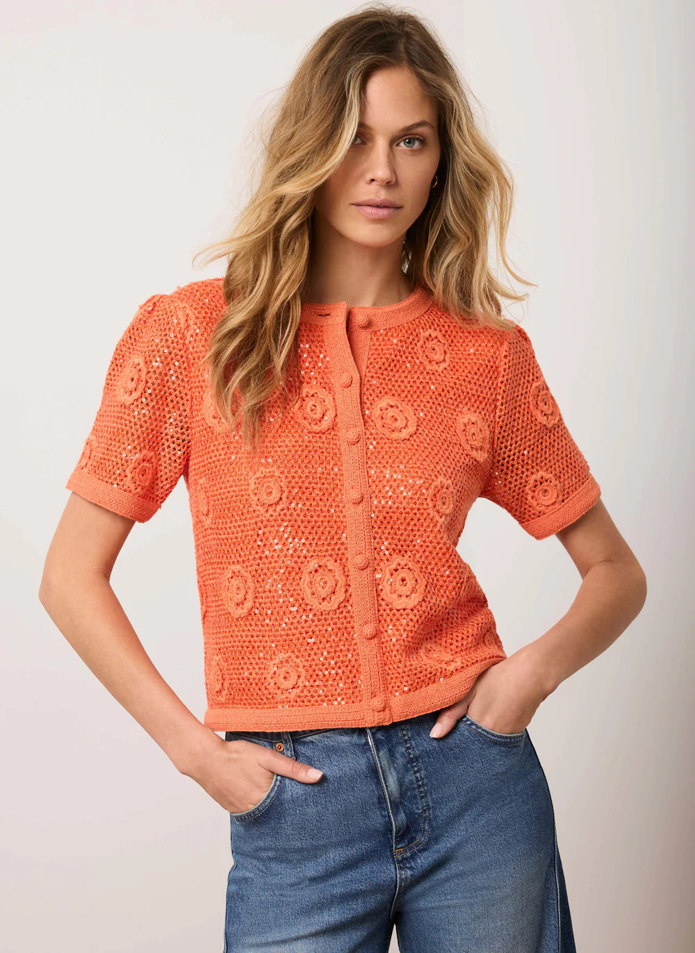 Orange Cotton Sequin Flower Crochet Top | Mint Velvet