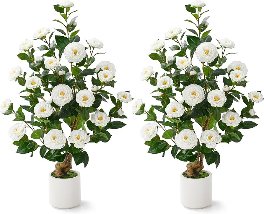 2 Pcs Artificial Camellia Tree, 38" Artificial Tree Plants Outdoor Faux Plants in Pot, Artificial... | Amazon (US)