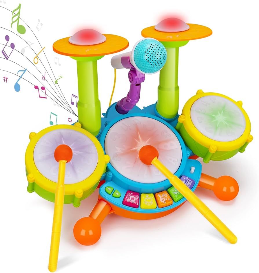 Basytodio Kids Drum Set Musical Toys for Toddlers 1-3 with 2 Sticks Microphone Instruments Piano ... | Amazon (US)