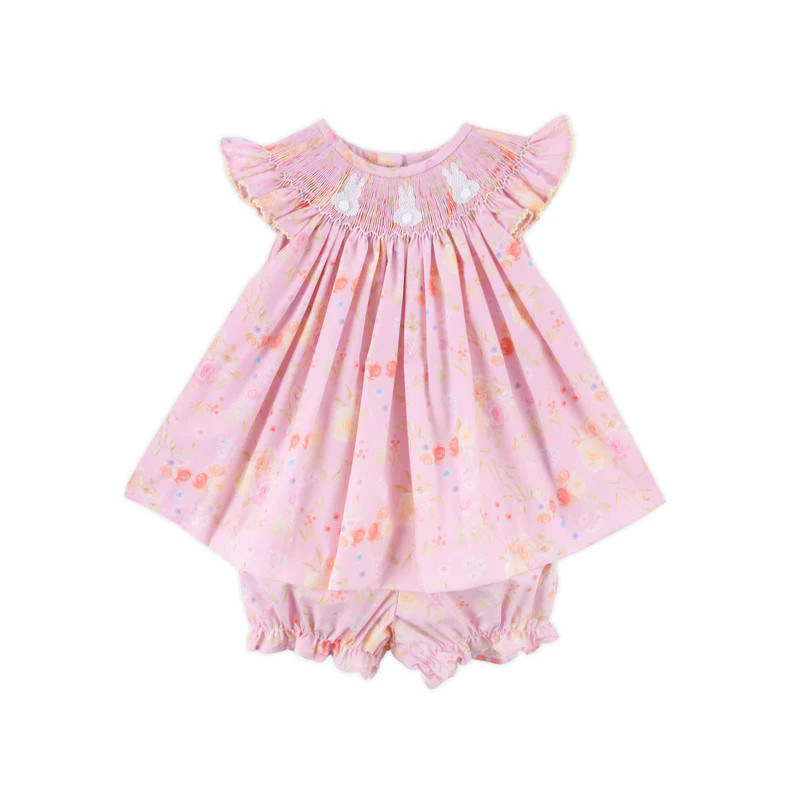 Floral Smocked Pink Angel Sleeve Bloomer Set | Classic Whimsy