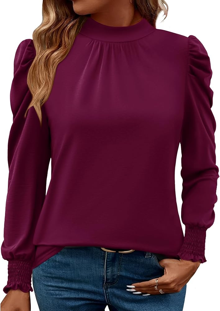 LUYAA Puff Long Sleeve Shirts for Women Tops Dressy Casual Frill Mock Neck Smocked Cuffs Blouses | Amazon (US)