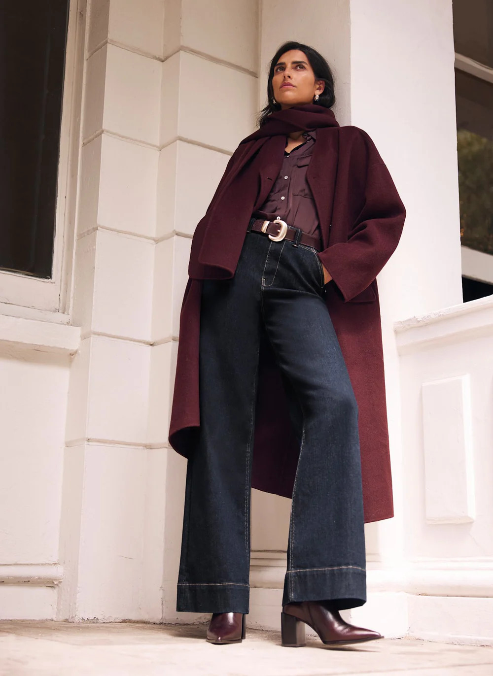 Burgundy Hand Finished Wool Blend Scarf Coat | Mint Velvet