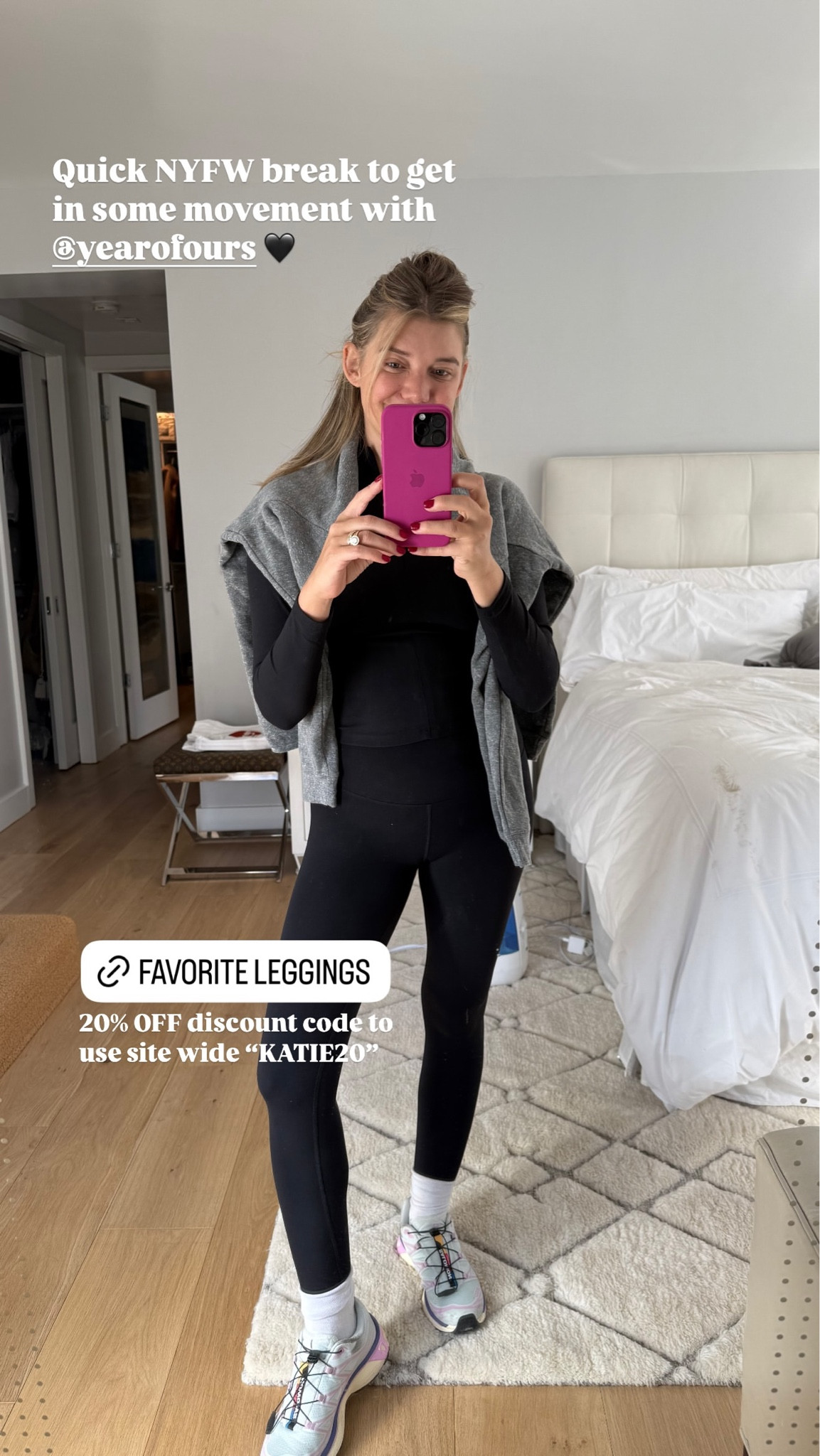 Quick NYFW break to get in some movement with @yearofours 🖤 20% off discount code to use sitewide “KATIE20"