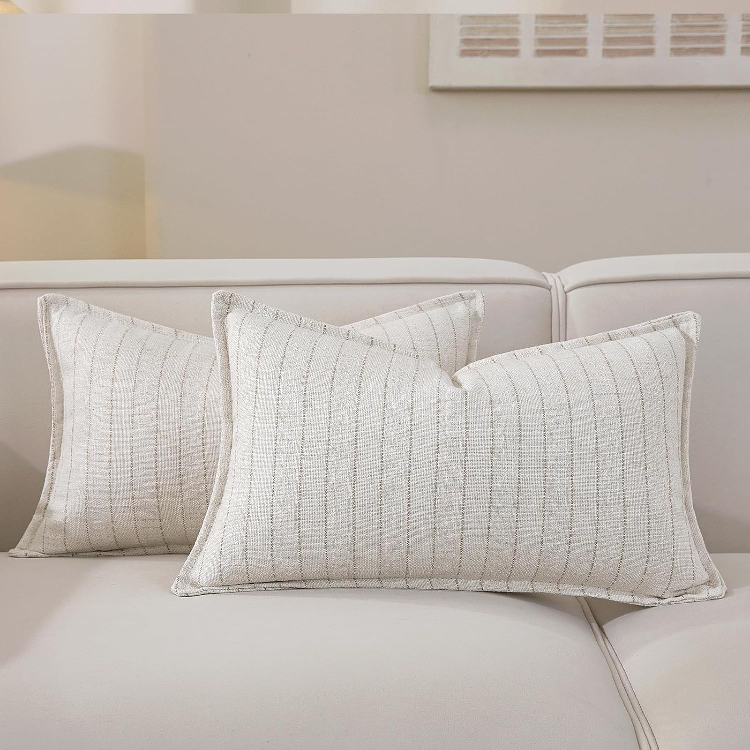 Decorative Neutral Striped Lumbar Throw Pillow Covers Set of 2 - 20x12 Inch Boho Farmhouse Pillow Covers, Breathable & Soft Neutral Linen Blend Cushion Covers for Couch Sofa Bedroom Living Room, Khaki | Amazon (US)