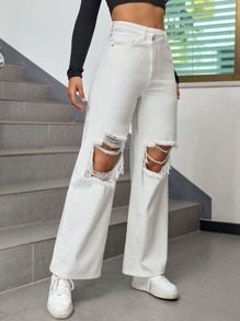 High Waist Cut Out Ripped Frayed Straight Leg Jeans
   SKU: sw2206165101003290      
          (7... | SHEIN