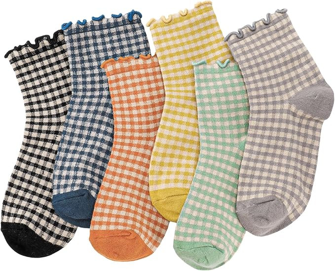 Women Ruffle Striped Frilly Socks, Cute Checkered Ankle Sock for Women Cotton Knit Casual Crew So... | Amazon (US)