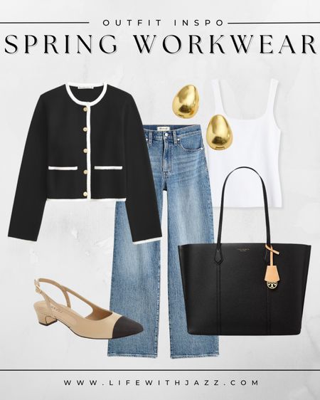 Spring workwear inspo 🤍 

Workwear / business casual / smart casual / sweater jacket / jeans / slingbacks / leather tote / work tote / earrings / classic / minimal 

#LTKSeasonal #LTKworkwear