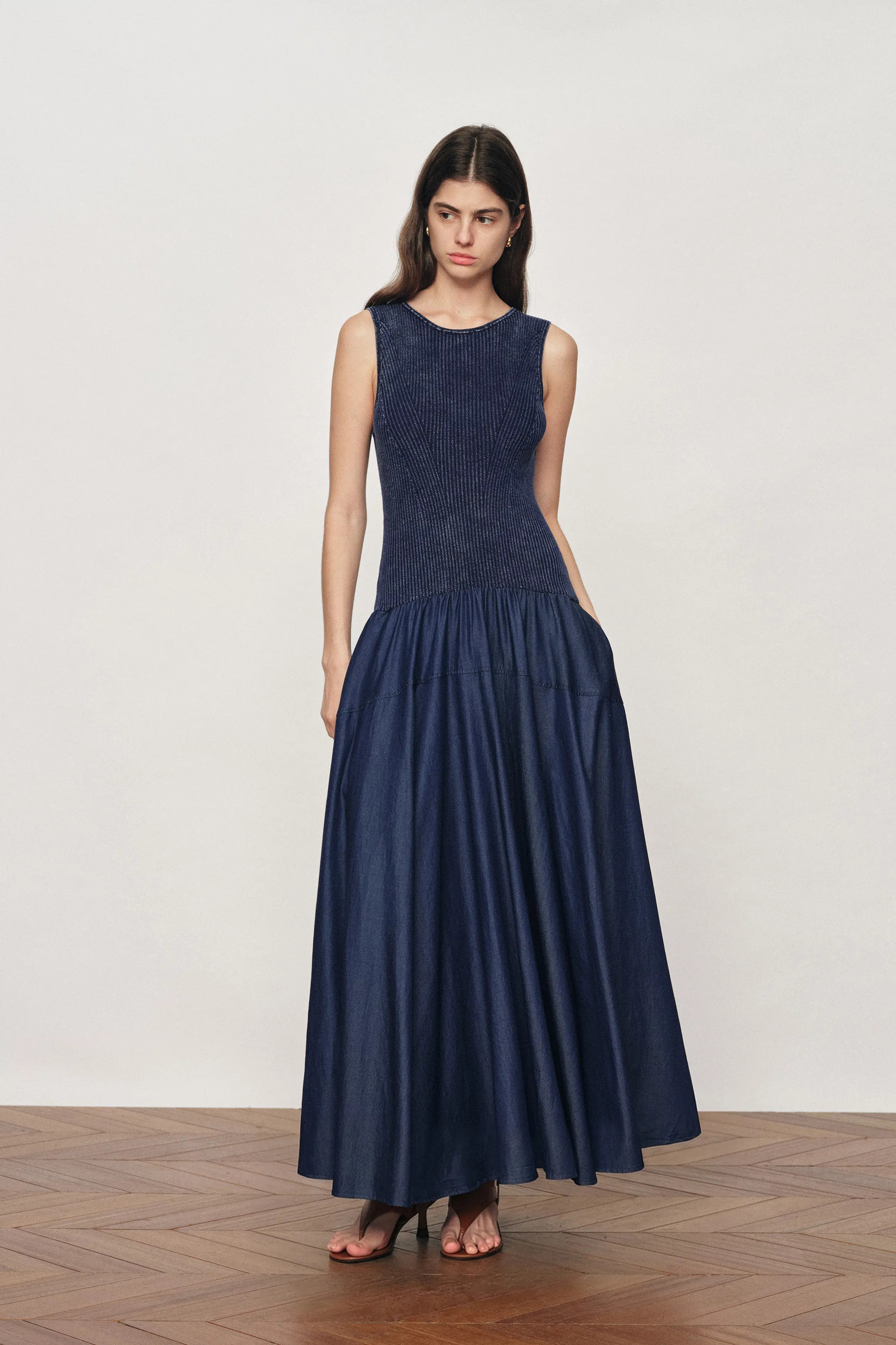 Keira Sleeveless Panel Dress in Cotton Knit with Tencel Denim | Fabrique