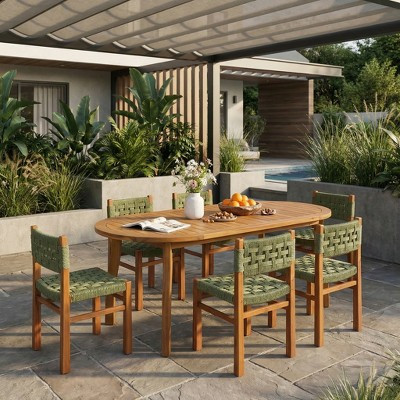 Christopher Knight Home Synci Modern 7 Piece Patio Acacia Dining Set with Slatted Table and Wicker Design, Teak/Green | Target