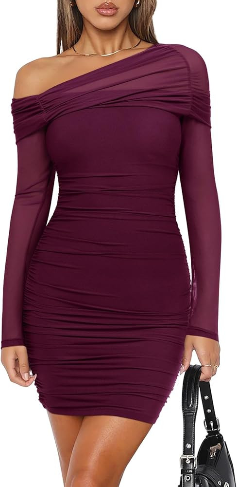 REORIA Women's Sexy Off Shoulder Long Sleeve Ruched Bodycon Mini Dress Mesh Sheer Cocktail Club P... | Amazon (US)